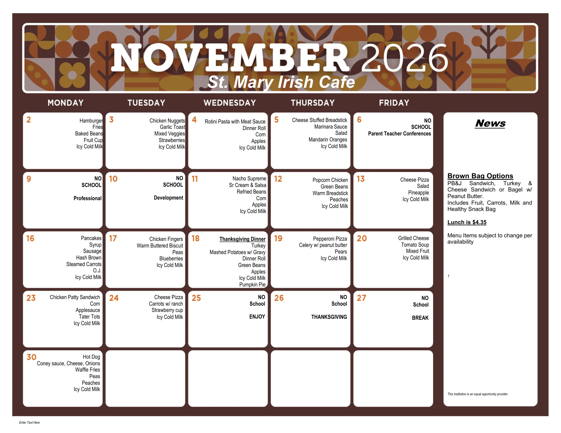 Saint Mary Irish Café lunch calendar for November 2026